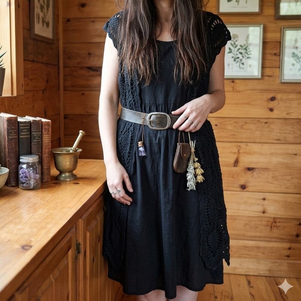 Vintage WhimsyGoth witchy crochet sleeveless duster long sweater vest open knit - Picture 2 of 7